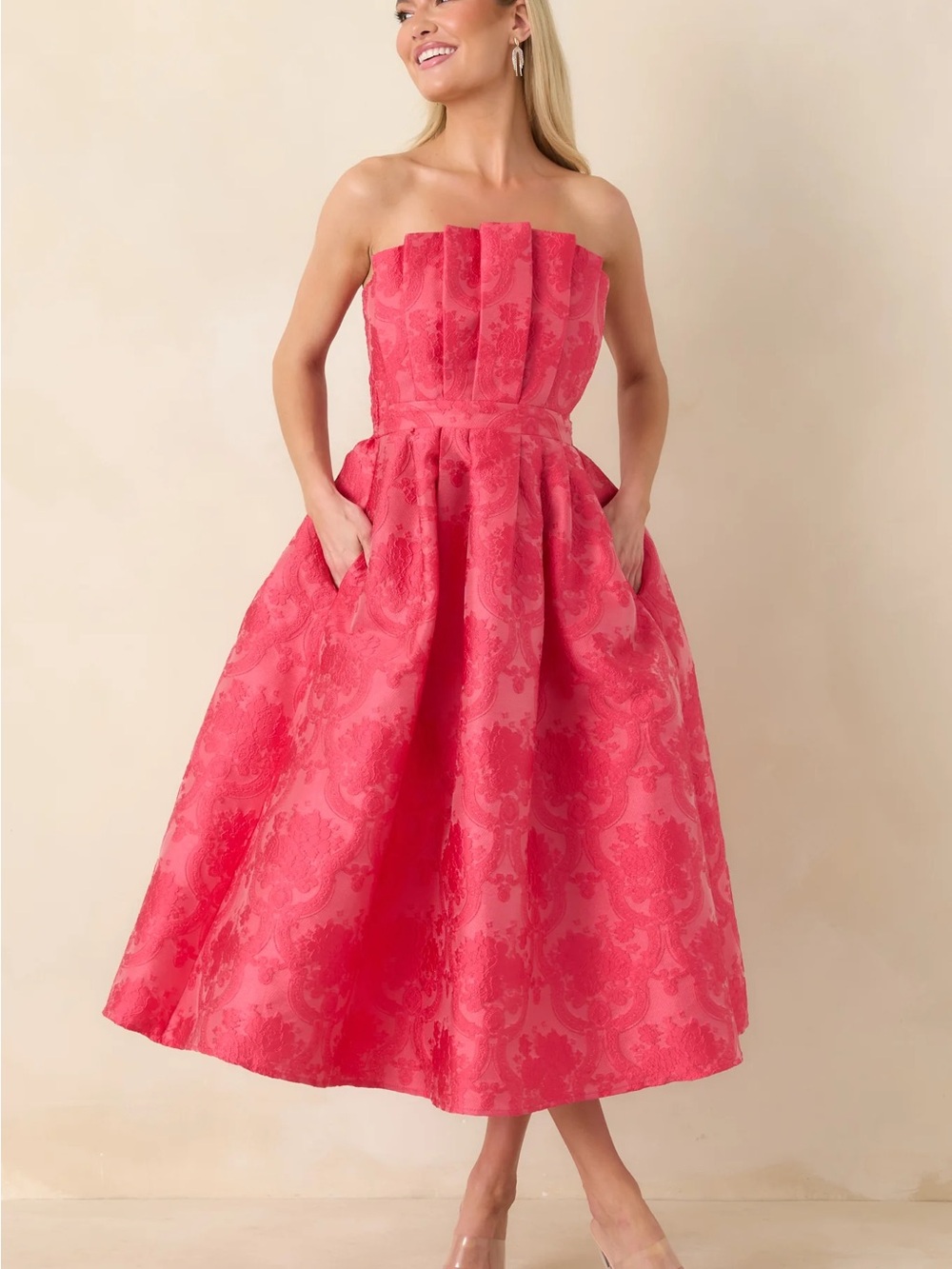 THE GENEVIEVE HOT PINK JACQUARD STRAPLESS MIDI DRESS from Red Dress - Picture 6 of 7